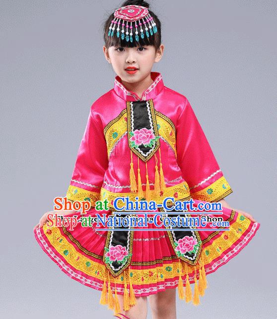 Chinese Traditional Miao Nationality Folk Dance Pink Pleated Skirt Ethnic Dance Embroidered Costumes for Kids