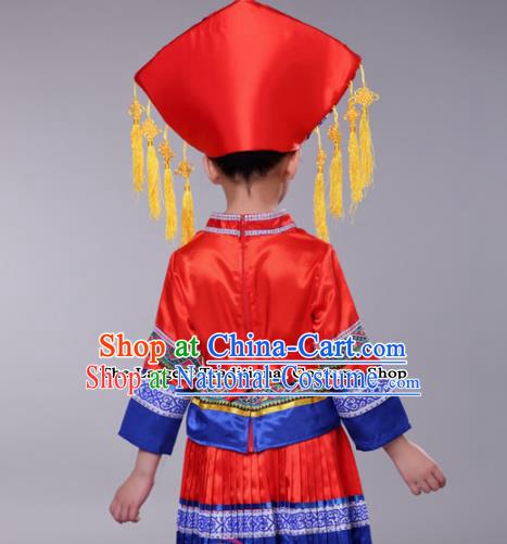 Chinese Traditional Zhuang Nationality Folk Dance Red Dress Ethnic Dance Costumes for Kids