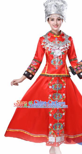 Chinese Hmong Ethnic Minority Red Dress Traditional Dong Nationality Folk Dance Costumes for Women