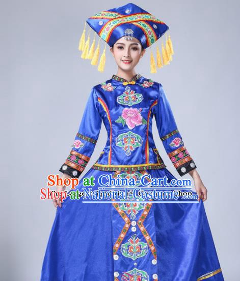 Chinese Ethnic Minority Blue Embroidered Dress Traditional Zhuang Nationality Folk Dance Costumes for Women