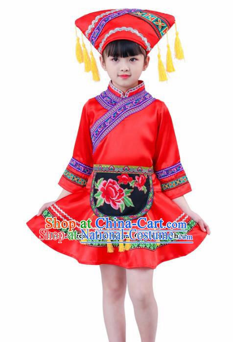 Chinese Traditional Zhuang Nationality Folk Dance Red Dress Ethnic Dance Costumes for Kids