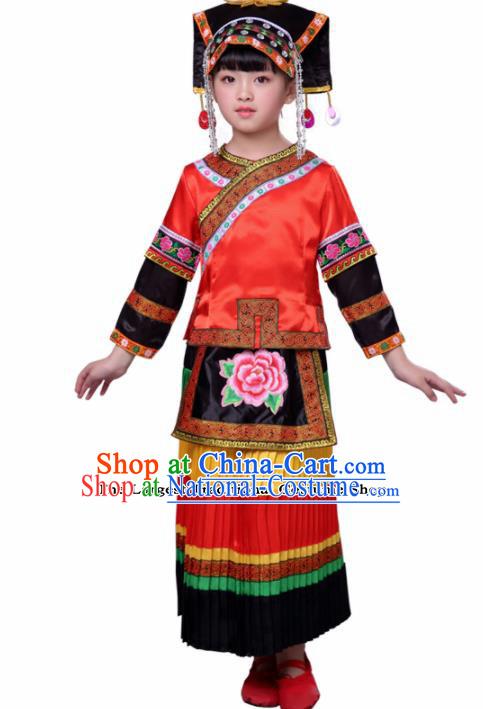 Chinese Traditional Yi Nationality Folk Dance Red Dress Ethnic Dance Costumes for Kids