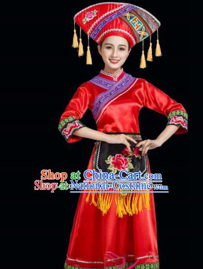 Chinese Yi Ethnic Minority Red Embroidered Dress Traditional Zhuang Nationality Folk Dance Costumes for Women