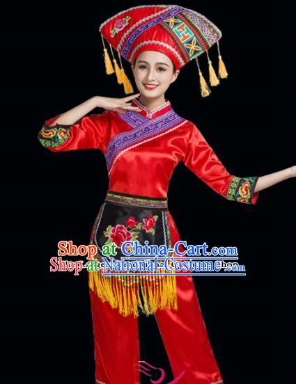 Chinese Yi Ethnic Minority Red Embroidered Clothing Traditional Zhuang Nationality Folk Dance Costumes for Women