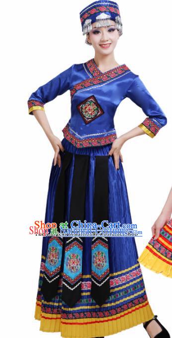 Chinese Yi Ethnic Minority Royalblue Embroidered Dress Traditional Zhuang Nationality Folk Dance Costumes for Women