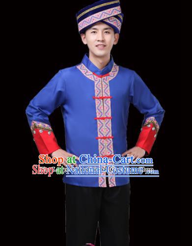 Chinese Traditional Miao Nationality Folk Dance Clothing Ethnic Dance Embroidered Blue Costumes for Men