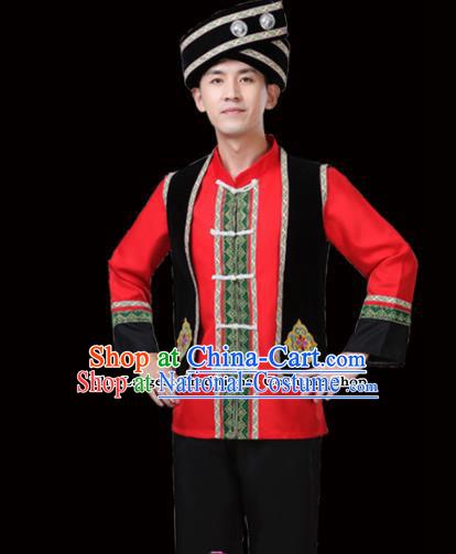 Chinese Traditional Miao Nationality Folk Dance Clothing Ethnic Dance Embroidered Red Costumes for Men