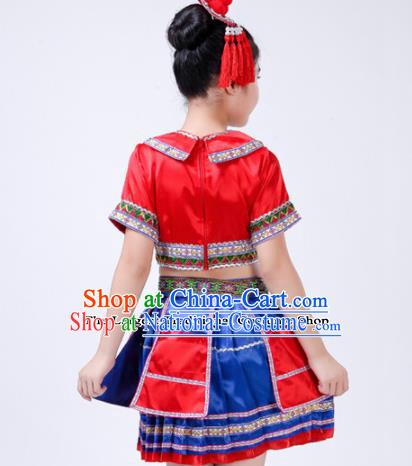 Chinese Traditional Yao Nationality Folk Dance Red Dress Ethnic Dance Costumes for Kids