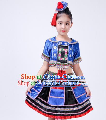 Chinese Traditional Yao Nationality Folk Dance Blue Dress Ethnic Dance Costumes for Kids