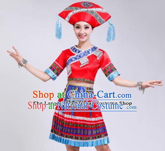 Chinese Zhuang Ethnic Minority Red Embroidered Dress Traditional Nationality Folk Dance Costumes for Women