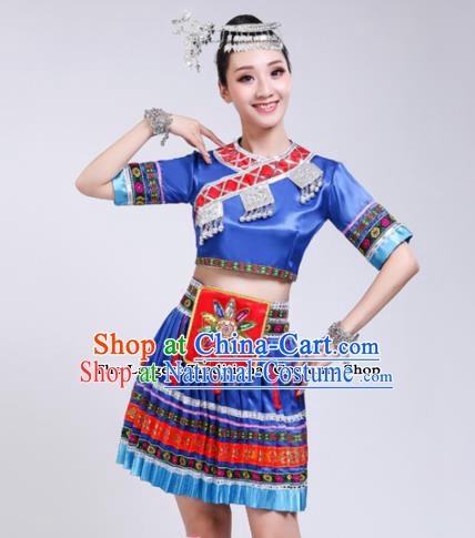 Chinese Zhuang Ethnic Minority Royalblue Embroidered Dress Traditional Nationality Folk Dance Costumes for Women