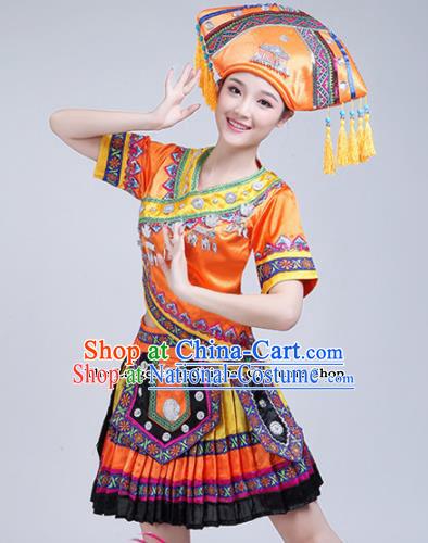 Chinese Zhuang Ethnic Minority Orange Embroidered Dress Traditional Nationality Folk Dance Costumes for Women