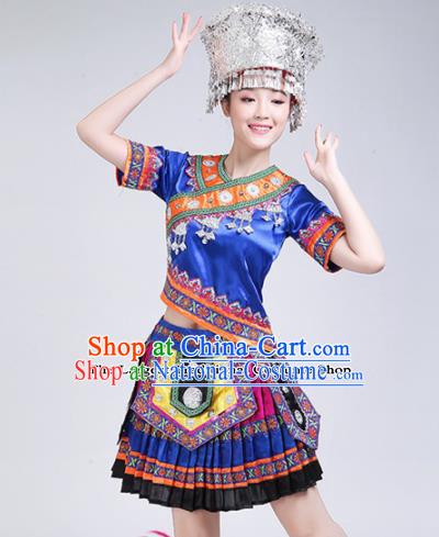 Chinese Zhuang Ethnic Minority Blue Embroidered Dress Traditional Nationality Folk Dance Costumes for Women