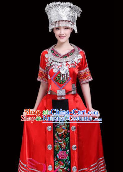 Chinese Miao Ethnic Minority Red Embroidered Dress Traditional Nationality Folk Dance Costumes for Women