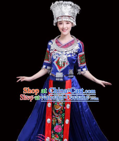 Chinese Miao Ethnic Minority Royalblue Embroidered Dress Traditional Nationality Folk Dance Costumes for Women