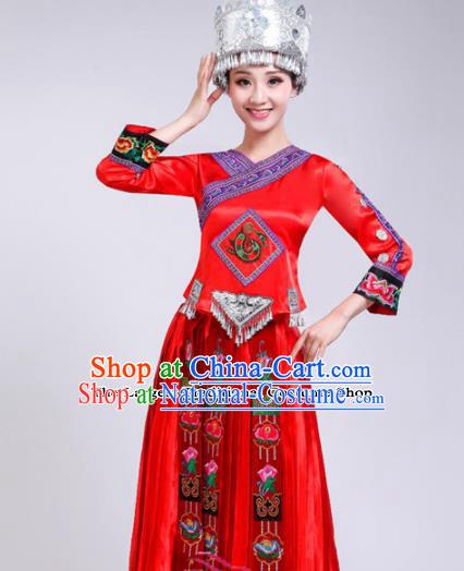 Chinese Hmong Ethnic Minority Red Dress Traditional Miao Nationality Folk Dance Costumes for Women