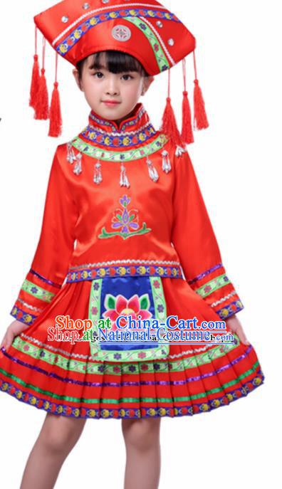 Chinese Traditional Zhuang Minority Folk Dance Clothing Ethnic Dance Red Costumes for Kids