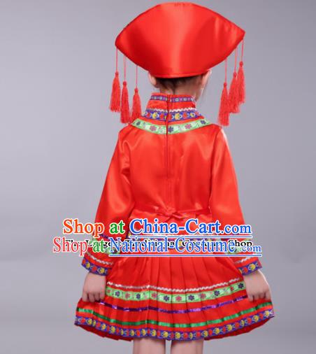 Chinese Traditional Zhuang Minority Folk Dance Clothing Ethnic Dance Red Costumes for Kids