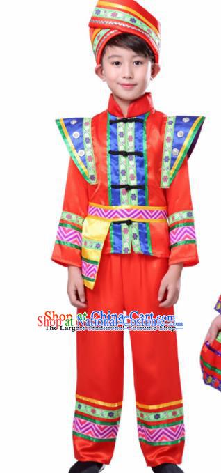 Chinese Traditional Zhuang Minority Boy Folk Dance Clothing Ethnic Dance Red Costumes for Kids