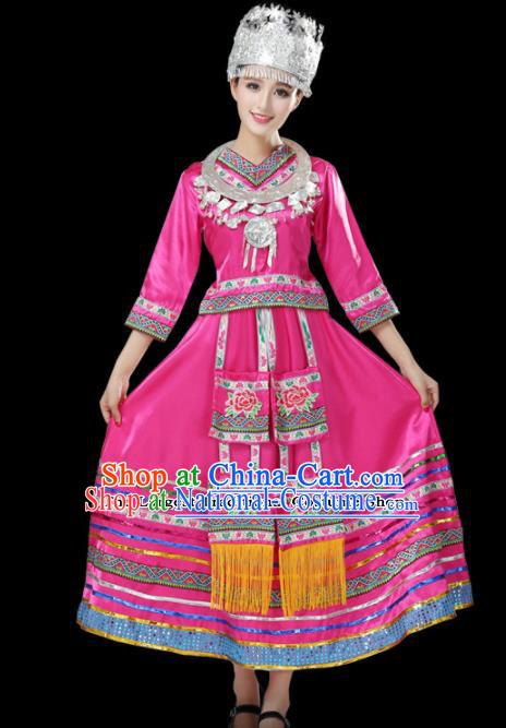 Chinese Hmong Ethnic Minority Pink Dress Traditional Miao Nationality Folk Dance Costumes for Women