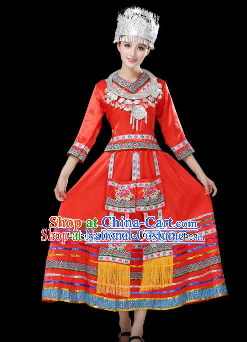 Chinese Hmong Ethnic Minority Red Dress Traditional Miao Nationality Folk Dance Costumes for Women