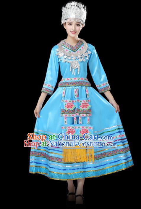 Chinese Hmong Ethnic Minority Blue Dress Traditional Miao Nationality Folk Dance Costumes for Women