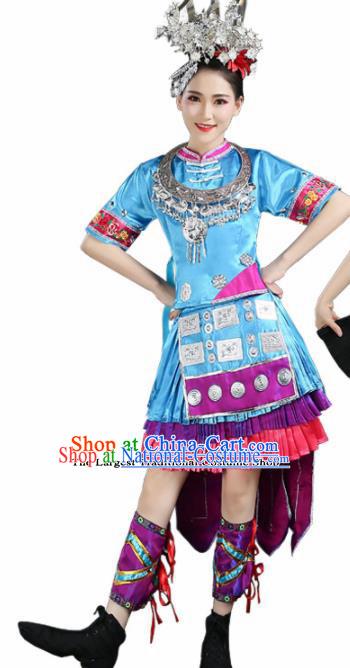 Chinese Hmong Ethnic Minority Blue Dress Traditional Miao Nationality Folk Dance Costumes for Women