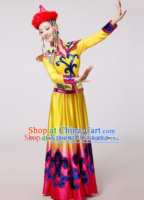 Chinese Traditional Mongolian Minority Folk Dance Yellow Dress Mongols Ethnic Dance Costumes for Women