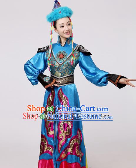 Chinese Traditional Mongolian Minority Blue Dress Mongols Ethnic Folk Dance Costumes for Women