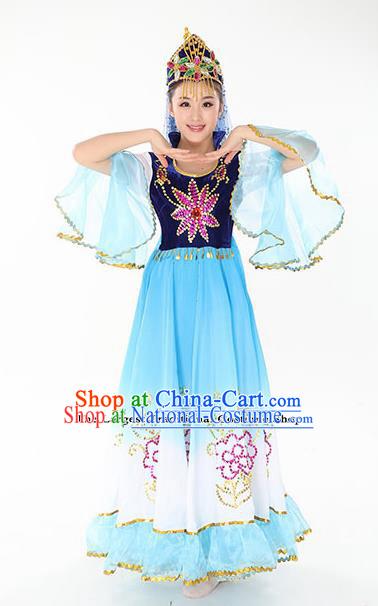 Chinese Traditional Uyghur Minority Blue Dress Uigurian Ethnic Folk Dance Costumes for Women