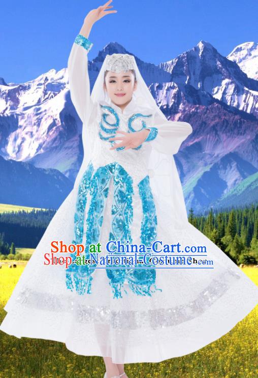 Chinese Traditional Hui Minority White Dress Ethnic Folk Dance Costumes for Women