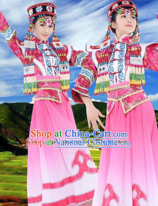 Chinese Traditional Mongolian Minority Pink Dress Ethnic Folk Dance Costumes for Women