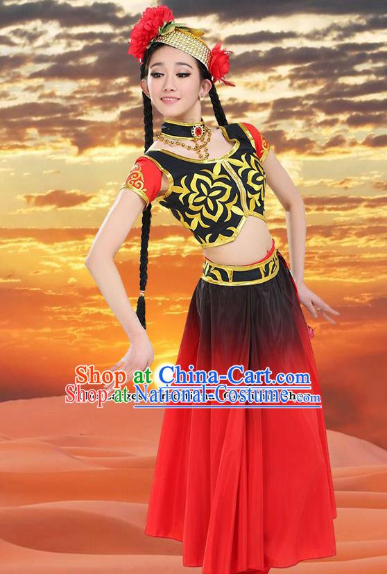 Chinese Traditional Uyghur Minority Red Dress Uigurian Ethnic Folk Dance Costumes for Women