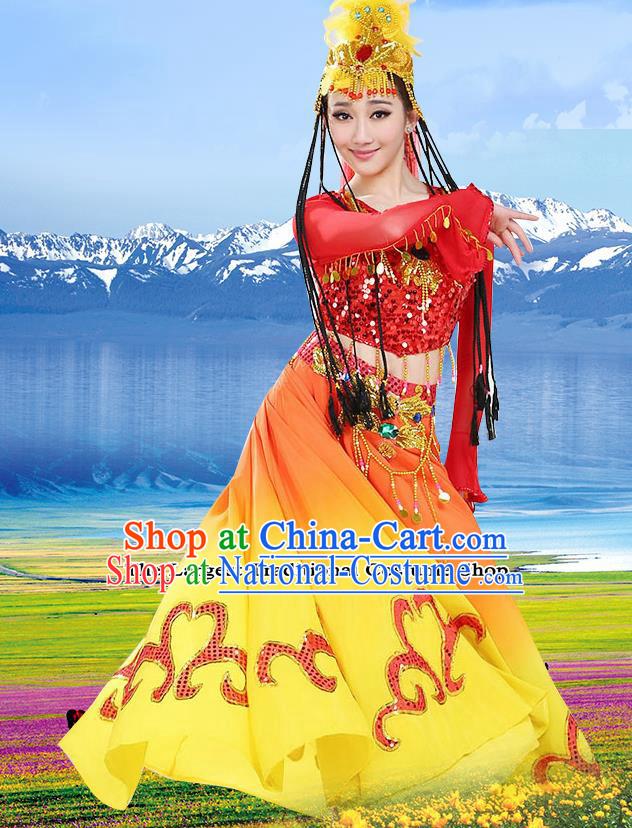 Chinese Traditional Uyghur Minority Red Dress Uigurian Ethnic Folk Dance Costumes for Women