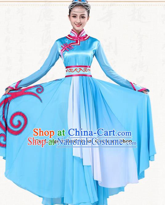 Chinese Traditional Mongol Minority Blue Dress Ethnic Folk Dance Mongolian Costumes for Women