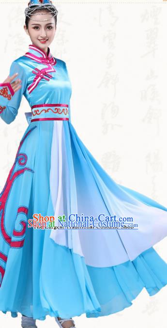 Chinese Traditional Mongol Minority Blue Dress Ethnic Folk Dance Mongolian Costumes for Women