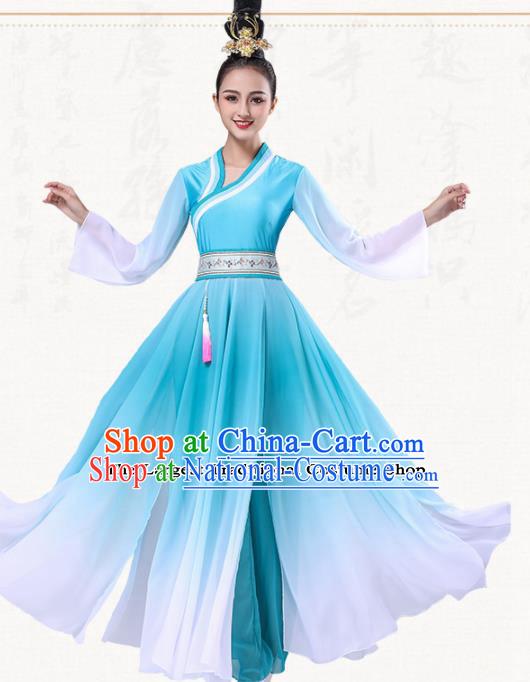 Chinese Traditional Group Dance Blue Dress Classical Dance Umbrella Dance Costumes for Women