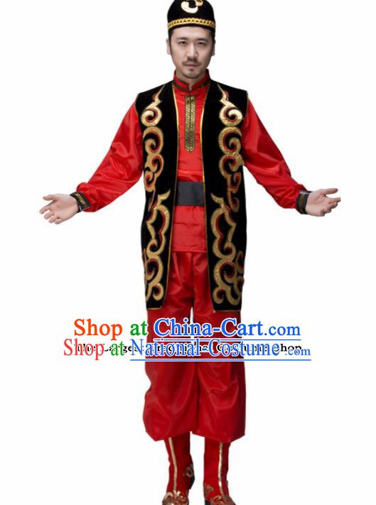 Chinese Traditional Minority Folk Dance Clothing Uyghur Ethnic Dance Red Costumes for Men