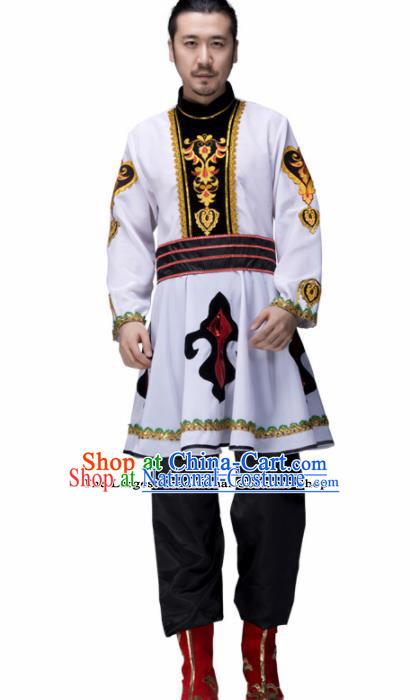 Chinese Traditional Mongolian Minority Folk Dance Clothing Mongol Ethnic Dance White Costumes for Men