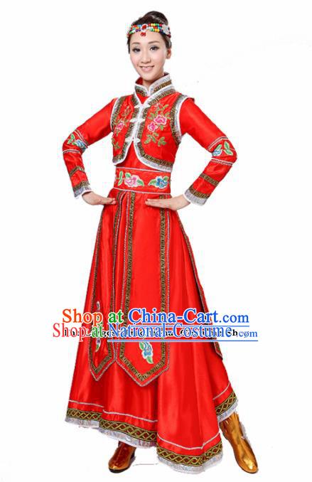 Chinese Traditional Mongolian Minority Folk Dance Red Dress Mongols Ethnic Dance Costumes for Women