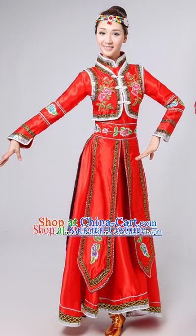 Chinese Traditional Mongolian Minority Folk Dance Red Dress Mongols Ethnic Dance Costumes for Women