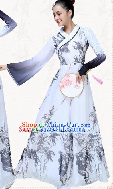 Chinese Traditional Classical Dance Fan Dance White Dress Group Dance Umbrella Dance Costumes for Women