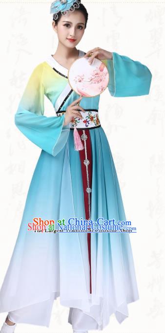 Chinese Traditional Classical Dance Blue Dress Umbrella Dance Group Dance Costumes for Women