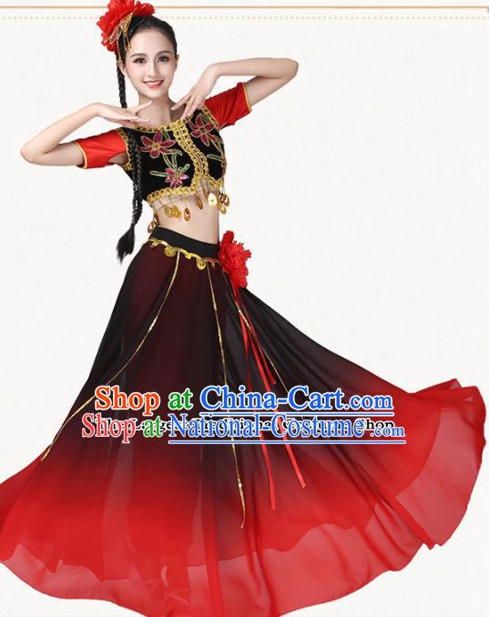 Chinese Traditional Uyghur Minority Dance Red Dress Uigurian Ethnic Folk Dance Costumes for Women