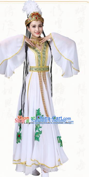 Chinese Traditional Uyghur Minority Dance White Dress Uigurian Ethnic Folk Dance Costumes for Women