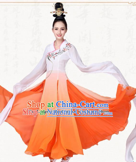 Chinese Traditional Classical Dance Orange Dress Fan Dance Group Dance Costumes for Women