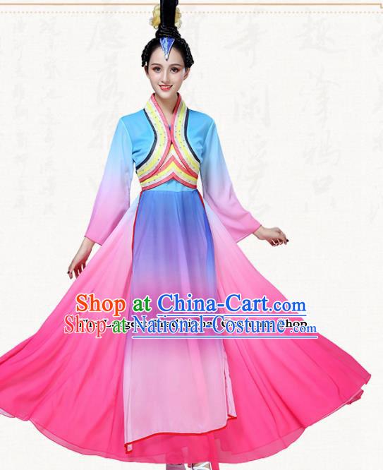 Chinese Traditional Classical Dance Blue Dress Folk Dance Group Dance Umbrella Dance Costumes for Women