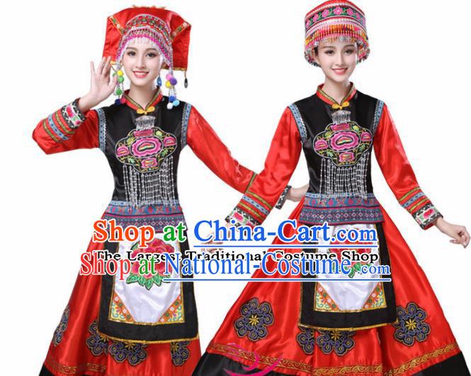 Chinese Ethnic Minority Red Dress Traditional Yi Nationality Folk Dance Costumes for Women