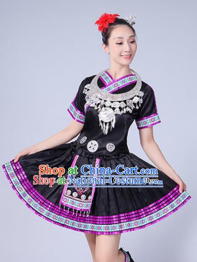 Chinese Ethnic Minority Black Dress Traditional Yi Nationality Folk Dance Costumes for Women