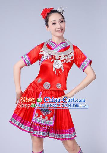 Chinese Ethnic Minority Red Short Dress Traditional Yi Nationality Folk Dance Costumes for Women